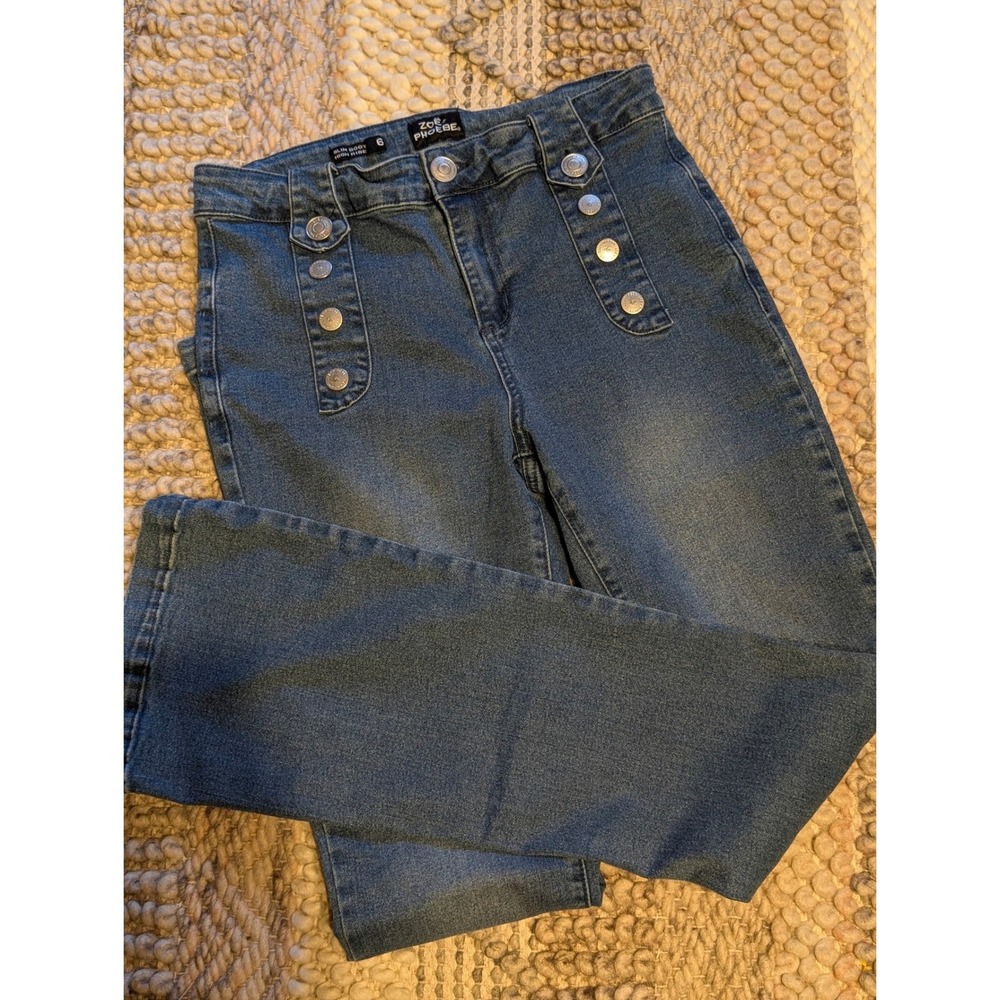 Zoe & Phoebe Slim Boot High Rise Sailor Button Jeans Blue Denim Size 6